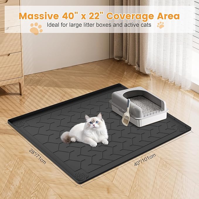 Cat Litter Mat, Extra Large 40"x28" Silicone Mat for Litter Box, Waterproof & Non-Slip Rubber Mat with Lip, Litter Trapping & Scatter Control, Soft on Cat Paws, Urine-Proof Floor Protector