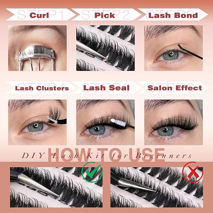 Focipeysa Volume Lash Clusters Kit D Curl Lashes Extensions Thick Volume Eyelash Clusters DIY Eyelash Extension with Lash Glue Lash Bond and Seal 10-16mm Fluffy Cluster Eyelash Extension DIY Lashes