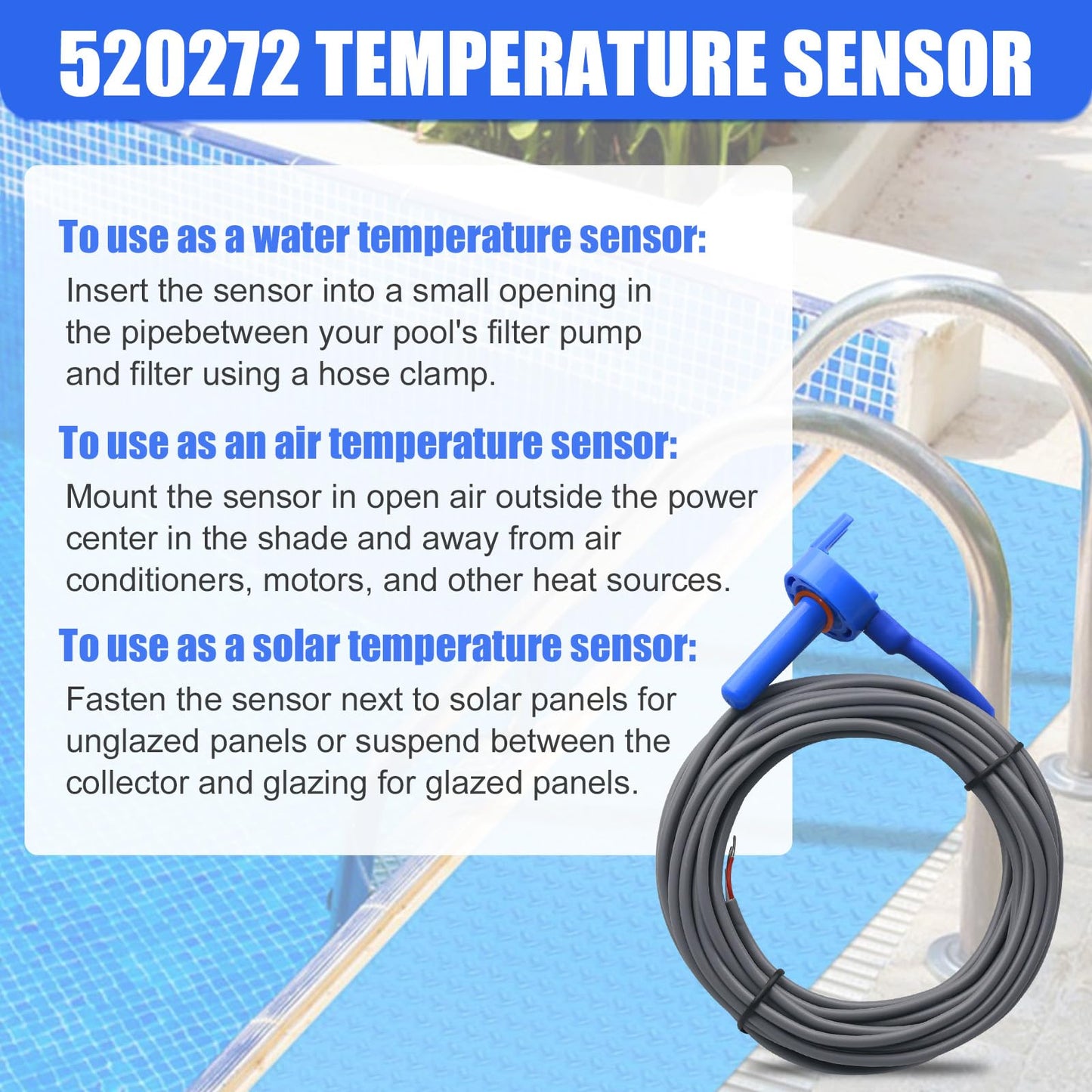 2 Pack 520272 Pool 7790 Temperature Sensor Thermistor Air/Water/Solar 20' Feet Cable for Jandy - Replacement Pool/Spa (10K-ohm Sensor - Includes 2 Pcs 2" Pipe Clamp)