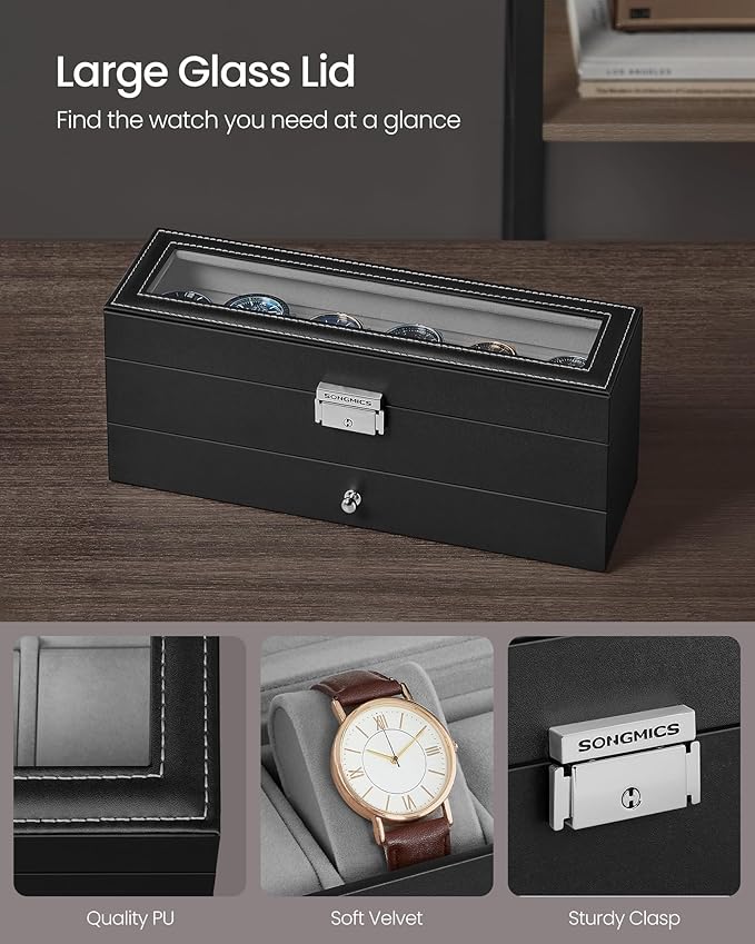 SONGMICS Watch Box, 6-Slot Watch Case Organizer with Large Glass Lid, 2 Layers, Removable Pillows, Metal Lock, Gift for Loved Ones, Black Synthetic Leather, Gray Lining UJWB060G01