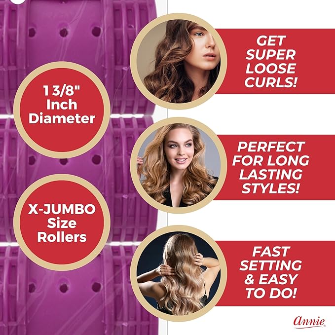 Annie Snap-On Magnetic Hair Rollers – Extra Jumbo 1 3/4 Inch with Locking Snap-Over Hood – Secure Hold No Pins Needed – Purple, 6 Count