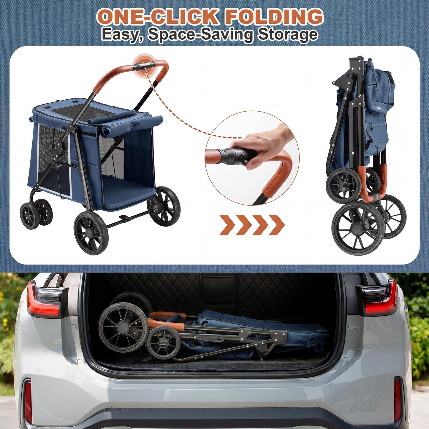 AOPEC Medium Dog Stroller, Dual Entry One-Touch Folding,Small and Medium Pet Stroller,360° Rotating Front Wheels,70 lbs Weight Capacity for Outdoor Travel and Elderly Dogs - Blue