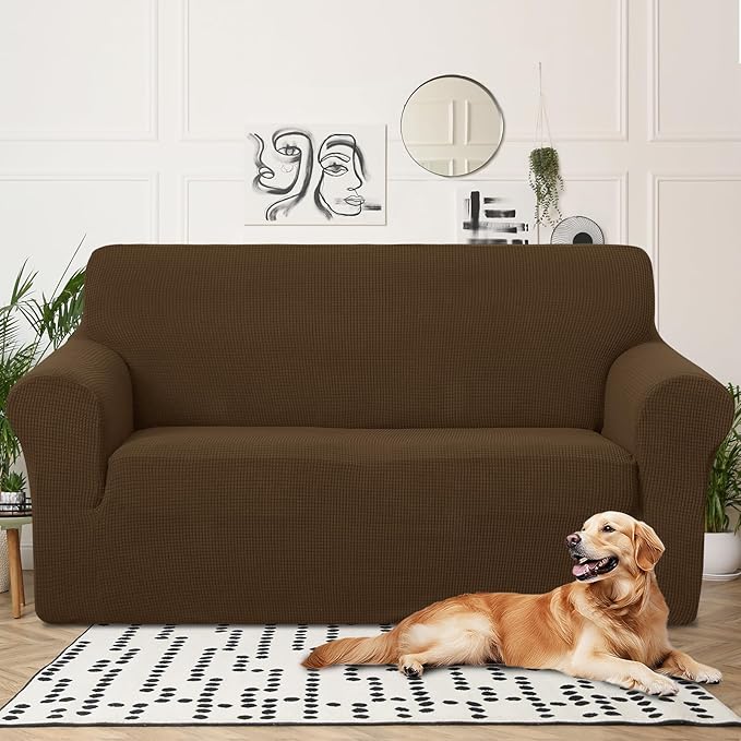 U-NICE HOME Oversized Stretch Loveseat Couch Cover Sofa Covers Washable Sofa Slipcover Furniture Protector for 2 Cushion Couch Sofa Pet Friendly, Brown