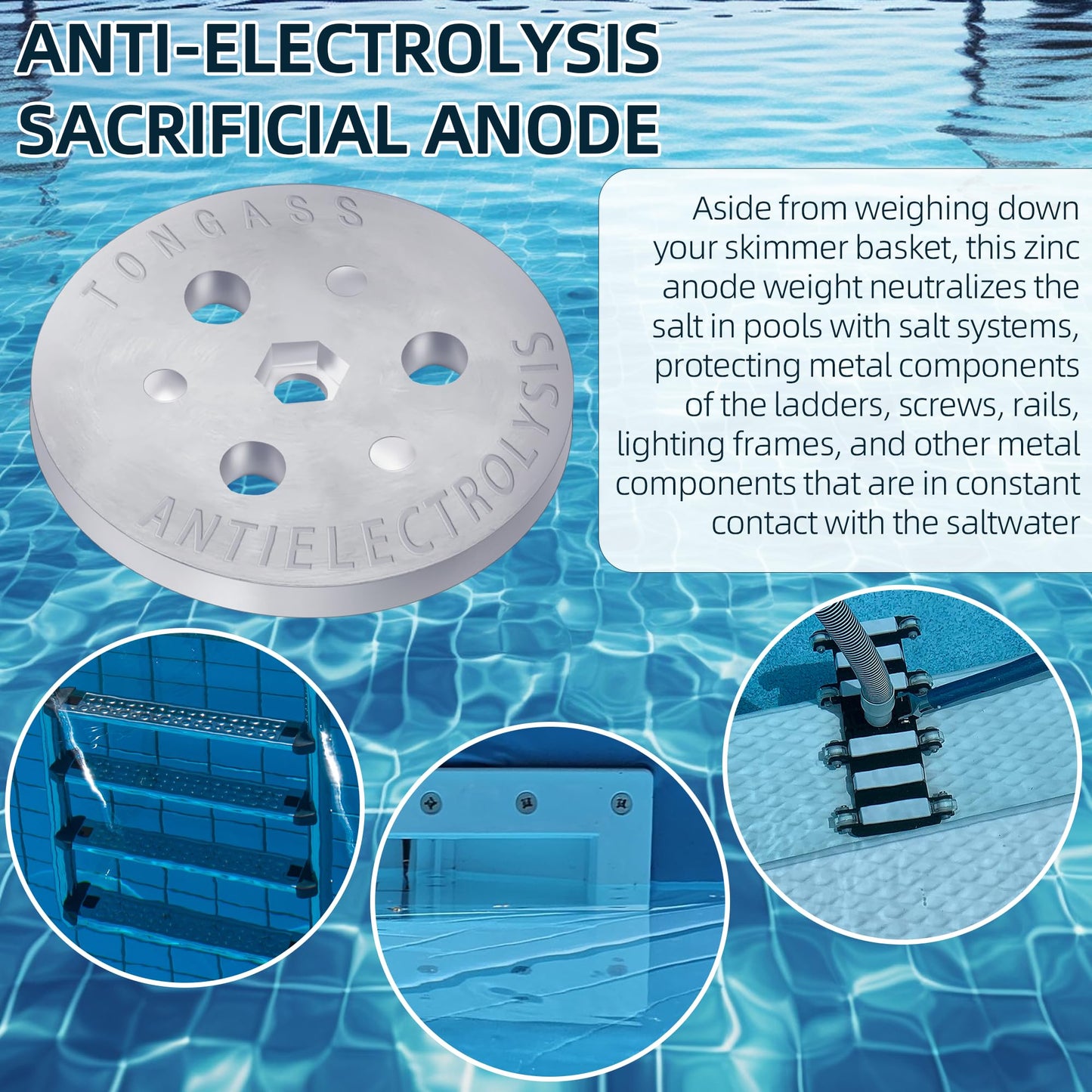 TonGass (2-Pack Zinc Anode Weight Anti-Electrolysis Sacrificial Anode, Galvanic Anodes for Passive Cathodic Protection Bolts Inside or Outside Skimmer Baskets Salt System Swimming Pool Must-Have