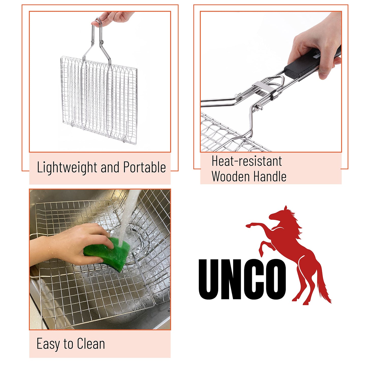 UNCO- Fish Grilling Basket, 2 Sets, Folding Portable Stainless Steel BBQ Grill Basket with Removable Handle and Silicon Basting Brush for Fish, Vegetables, Shrimp, Gifts for Dad, Husband & Friend
