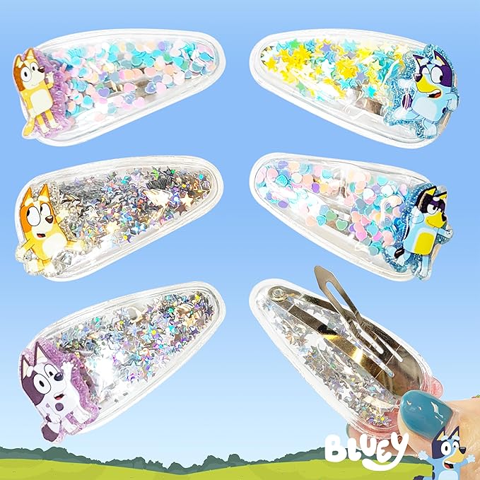 LUV HER Bluey Hair Accessories For Girls, 6pc Cute Hair Clips with Favorite Bluey Character Charms, Magical Confetti Hair Clips, Ages 3+