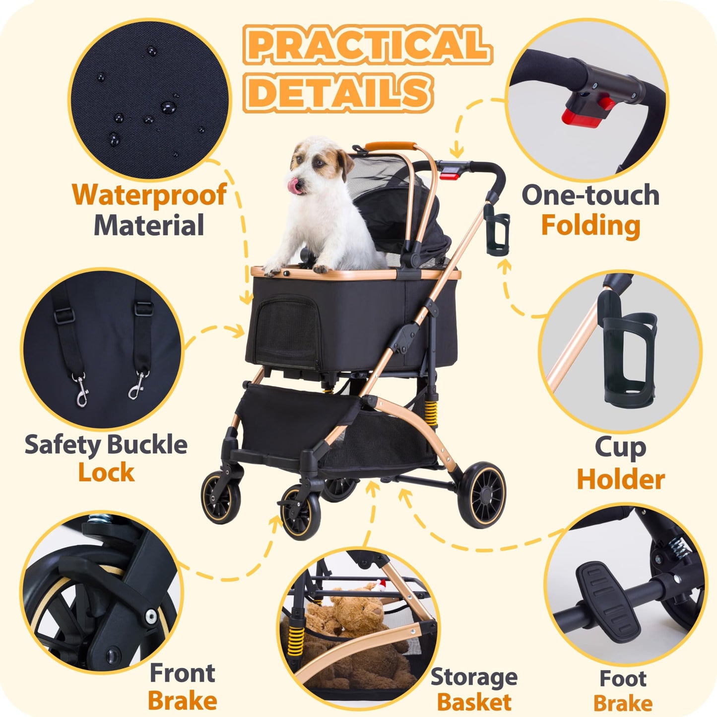 GdnWings Pet Stroller for Small Dogs, Lightweight Small Dog Stroller for Dogs Cats with 6 Shock Absorption System, Detachable Carrier Suitable for Car Seat & Hand Carry, Safe Outings, Black
