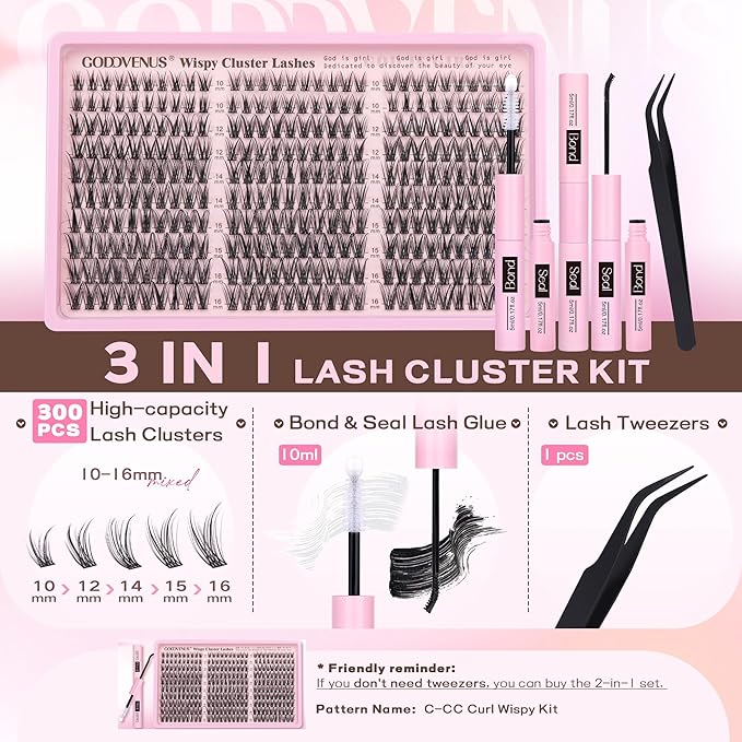 Goddvenus Lash Clusters Kit Wispy Eyelash Clusters Lashes Natural DIY Lash Extension Kit 10-16mm Cluster Eyelash Extensions Kit 300pcs C Curl Individual Lashes Cluster Eyelash (With Tweezers)