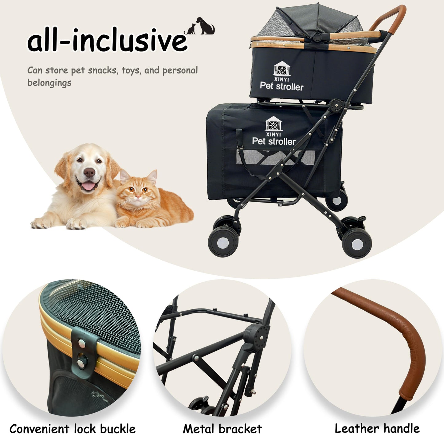 XL Extra-Large Double Pet Stroller, Running&Travel Pet Cart with Weather Cover, Cat&Dog Stroller for Large/Medium/Small Pets, Outdoor Pet Supplies