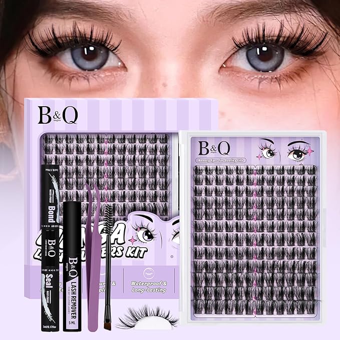 B&Q Manga Lash Clusters Kit Anime Lashes 8-18mm Mixed 144pcs Eyelash Extension Kit Thick Curly Manga Style Feature Spike Eyelash Clusters Perfect Choice for Beginners at Home(KIT-Anime 02)