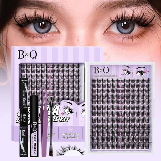 B&Q Manga Lash Clusters Kit Anime Lashes 8-18mm Mixed 144pcs Eyelash Extension Kit Thick Curly Manga Style Feature Spike Eyelash Clusters Perfect Choice for Beginners at Home(KIT-Anime 02)