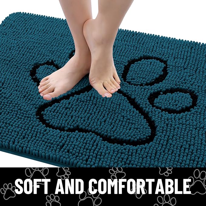 Smiry Dog Door Mat for Muddy Paws, Absorbent Dirt Trapper Non Slip Quick Dry Washable Chenille Mat for Mud Dogs, Entry Rug for Indoor and Outdoor (48x30 Inches, Atlantic Blue and Black)
