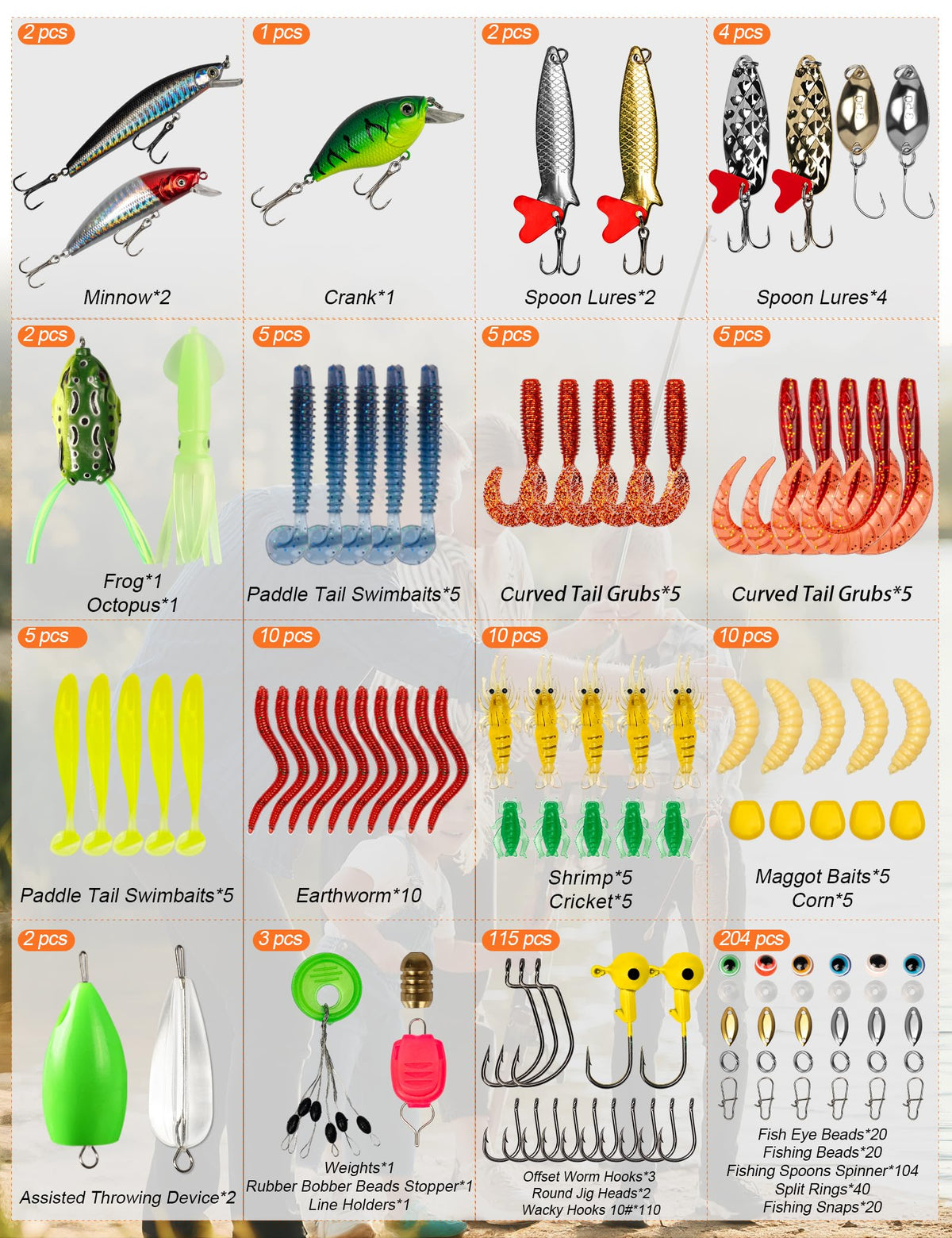Pullther fishing Fishing Lures,380Pcs Tackle Box with Tackle Included, Fishing Gear with Frogs,Soft Baits, Hooks & Other Accessories,Fishing Bait Kit for Bass Trout