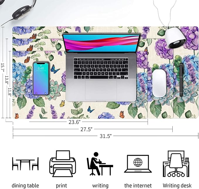 Large Mouse Pad, Hydrangea Desk Mat for Desktop, Women Girls Flowers PU Leather Waterproof Desk Pad, Computer PC Laptop Protector Gaming Mouse Pads for School Office Home (31.5" x 15.7")