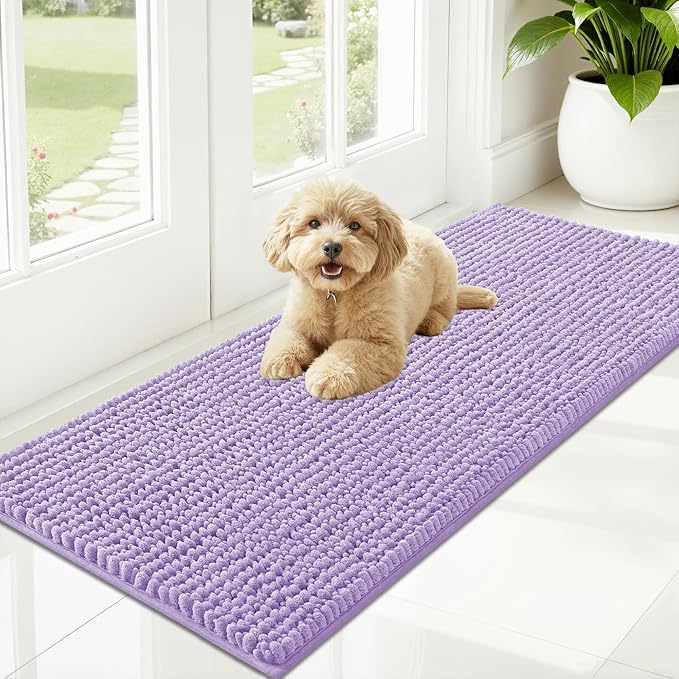 OLANLY Dog Door Mat for Muddy Paws 47x20, Ultra Absorbent Chenille Mud Doormat, Non-Slip Washable and Dirt Trapping Doormat for Indoor Entryway, Quick-Dry Indoor Pet Bed Mats for Dogs, Lavender