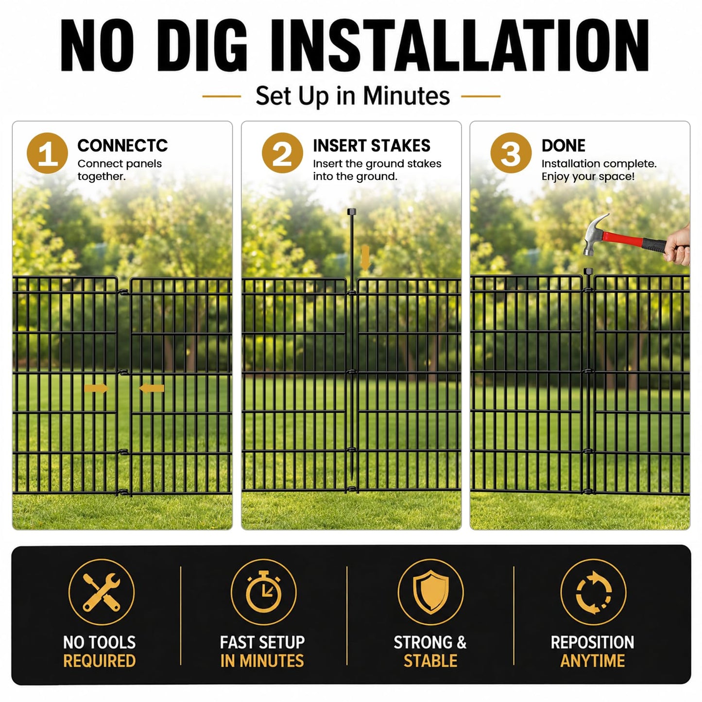 10 Panels No Dig Garden Fence with Gate, 44in(H) × 23.6ft(L) Decorative Metal Outdoor Dog Fence, Rustproof Pet Fencing for Yard, Patio, Flower Bed -Temporary Fencing| Easy to Install