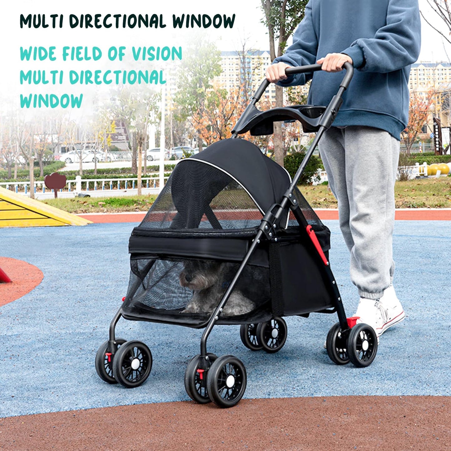 sxvbdway 4 Wheels Pet Stroller for Medium Small Dog up to 50lbs, Dog Cat Stroller, Outdoor Travel Pet Folding Strollers with Cup Holder, Detachable Carrier, Breathable Visible Mesh (Black Upgraded)