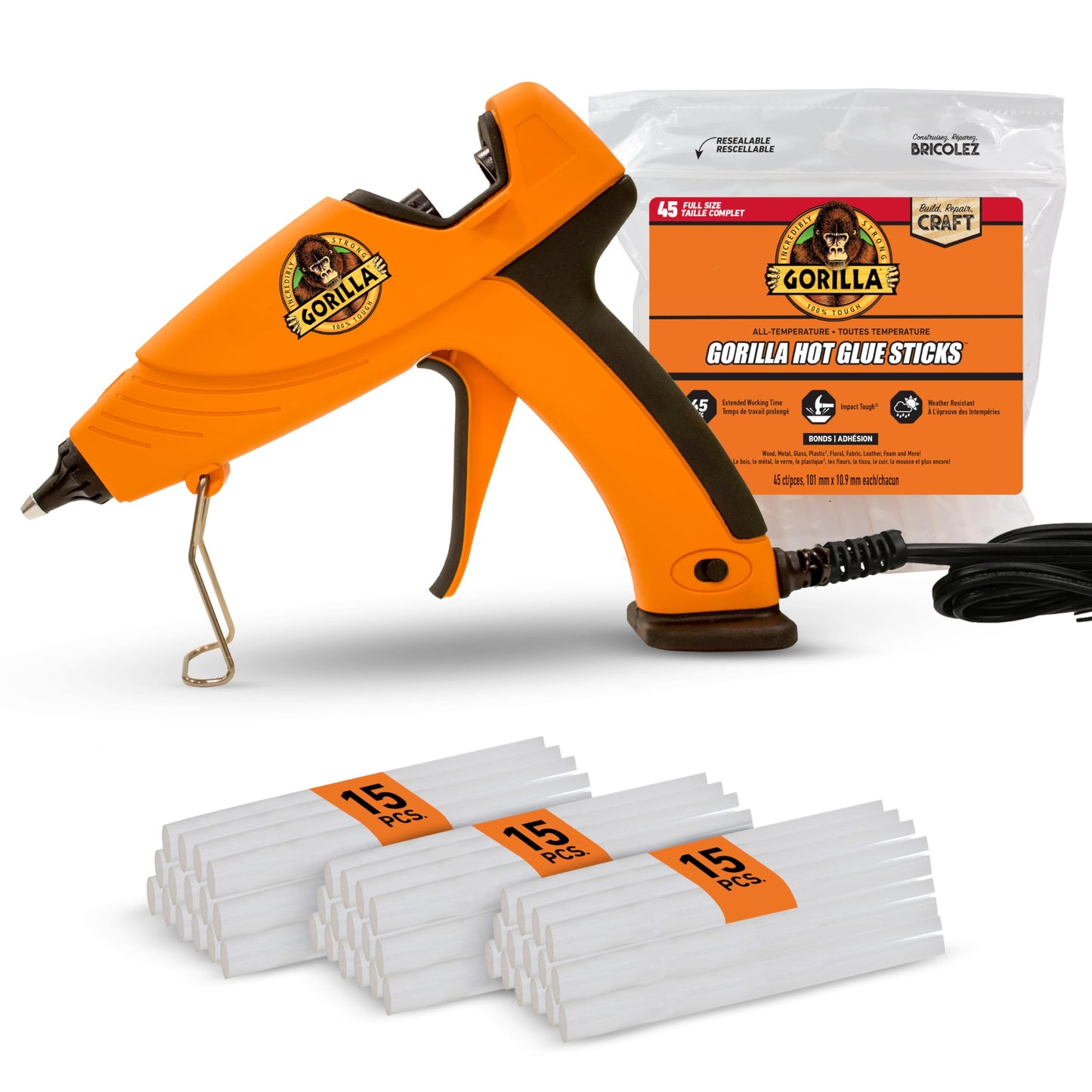 Gorilla Hot Glue Gun Kit (Pack of 1 Full Size Hot Glue Gun and 45 Sticks) - Dual Temp, Precision Nozzle, and Easy Squeeze Trigger
