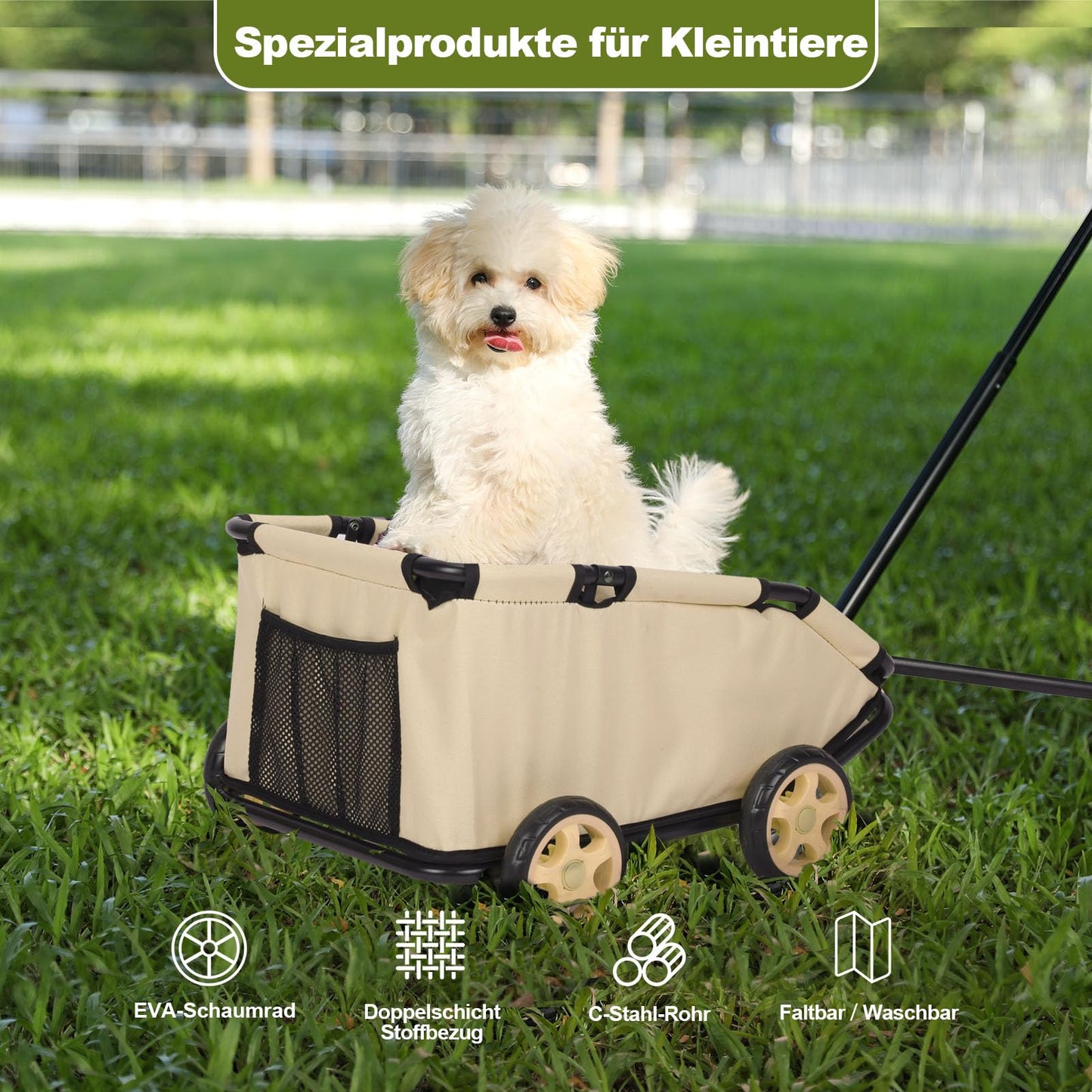 AESRAOU Mini Dog Strollers for Mini Pets, Foldable Multifunctional Shopping Carts with Extendable Pull Handle, Doggie Wagon Built-in Cushion and Safety Rope with Storage Bag (Khaki)