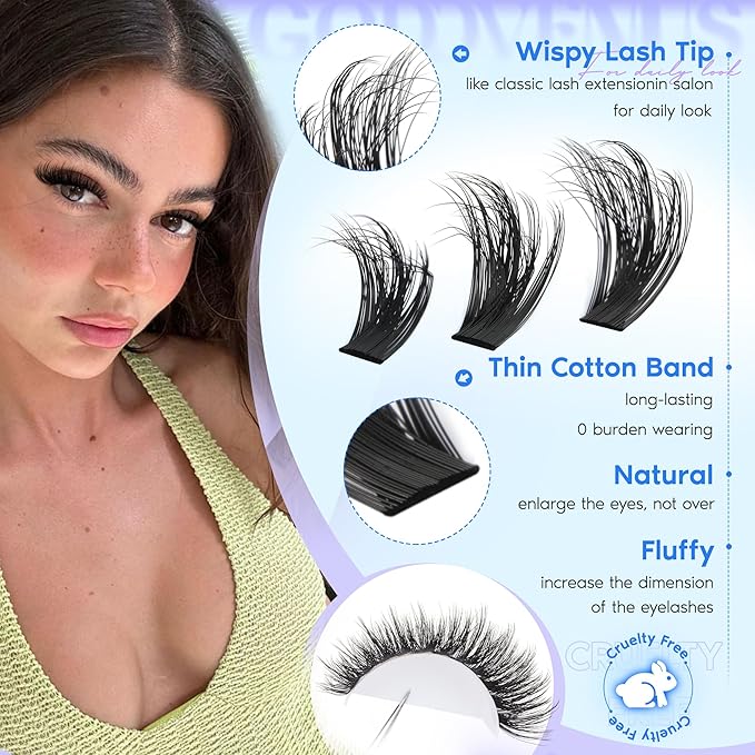 Goddvenus Lash Clusters Kit Wispy Lashes clusters Natural Fluffy Eyelashes Clusters 12mm 14mm 16mm Mixed Cluster Eyelash Extensions Kit D Curl DIY Individual Lashes Kit with Bond and Seal Lash Glue