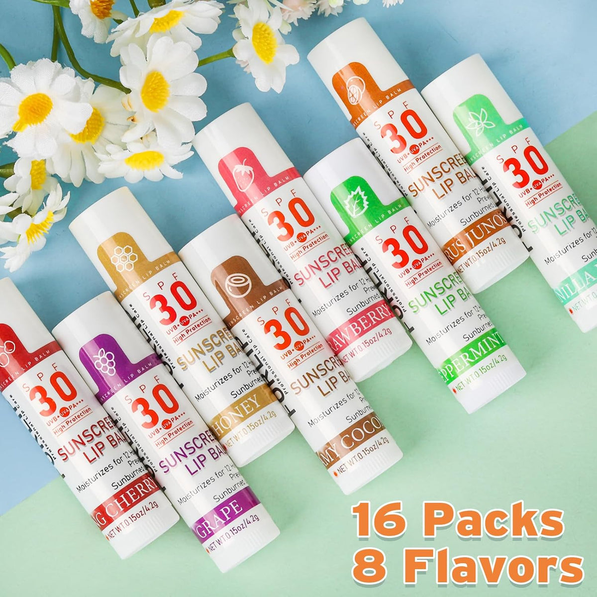 SPF 30 Lip Sunscreen, SPF Lip Balm Travel Size 16 Pack, Hydrating Lip Balm Bulk with Vitamin E and Coconut Oil- 8 Flavors