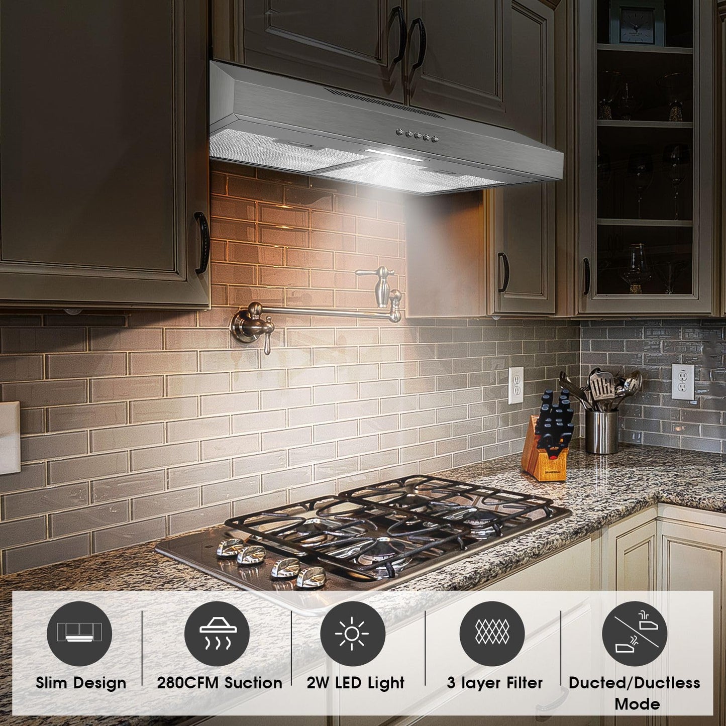 Zomagas Range Hood 30 inch Under Cabinet, Stainless Steel Range Hood 280CFM, Slim Kitchen Stove Hood w/Push Button, Ducted/Ductless Convertible Duct, 3 Speeds Exhaust Fan, LED Light and Carbon Filter