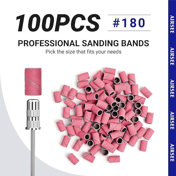 AIRSEE Sanding Bands for Electric Nail Drill 100 Piece Set 180 Grit Medium Acrylic File Attachments Professional 1 Sander Mandrel Bit Beauty Salon Accessories Manicure and Pedicure Finger Callus Pink