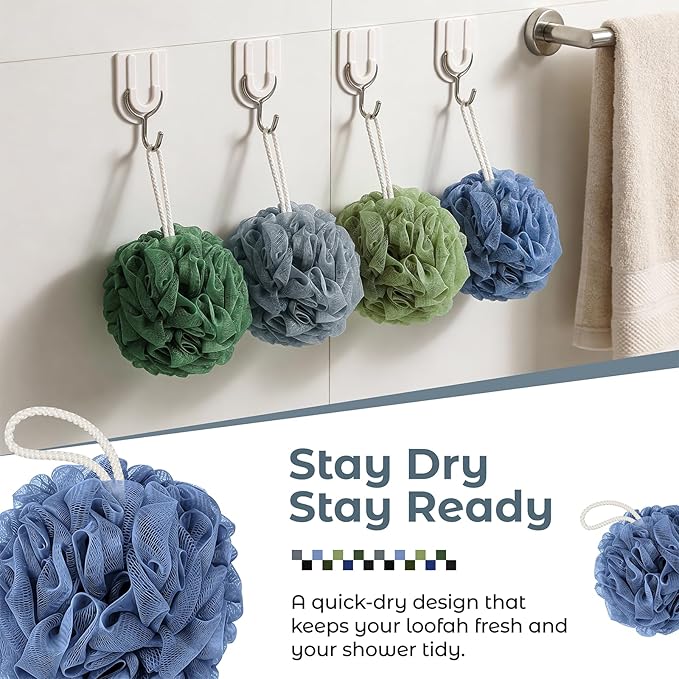 Rnoafmu Shower Loofah Bath Sponge, 60G Loofah Exfoliating Body Scrubber, 4 Color Mesh Shower Pouf Balls for Body Wash (Blue Gray Green Dark Green)