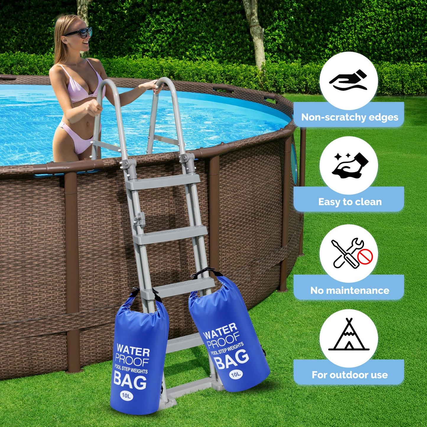 Goovilla Pool Ladder Weights Universal | 2 Pack 10L 500D PVC Waterproof Tear-Resistance Sand Bags for Above Ground Pools Steps | Easy to Fill and Seal with Strong Handle and 2 Straps (Dark Blue)