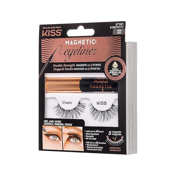 KISS Magnetic False Eyelashes and Eyeliner, ‘Charm’, 12mm, Easy to Apply, Reusable, No Glue, Flexible Band, Precision Felt Tip, Fortified Formula, 1 Pair Strip Lashes (Pack of 2)