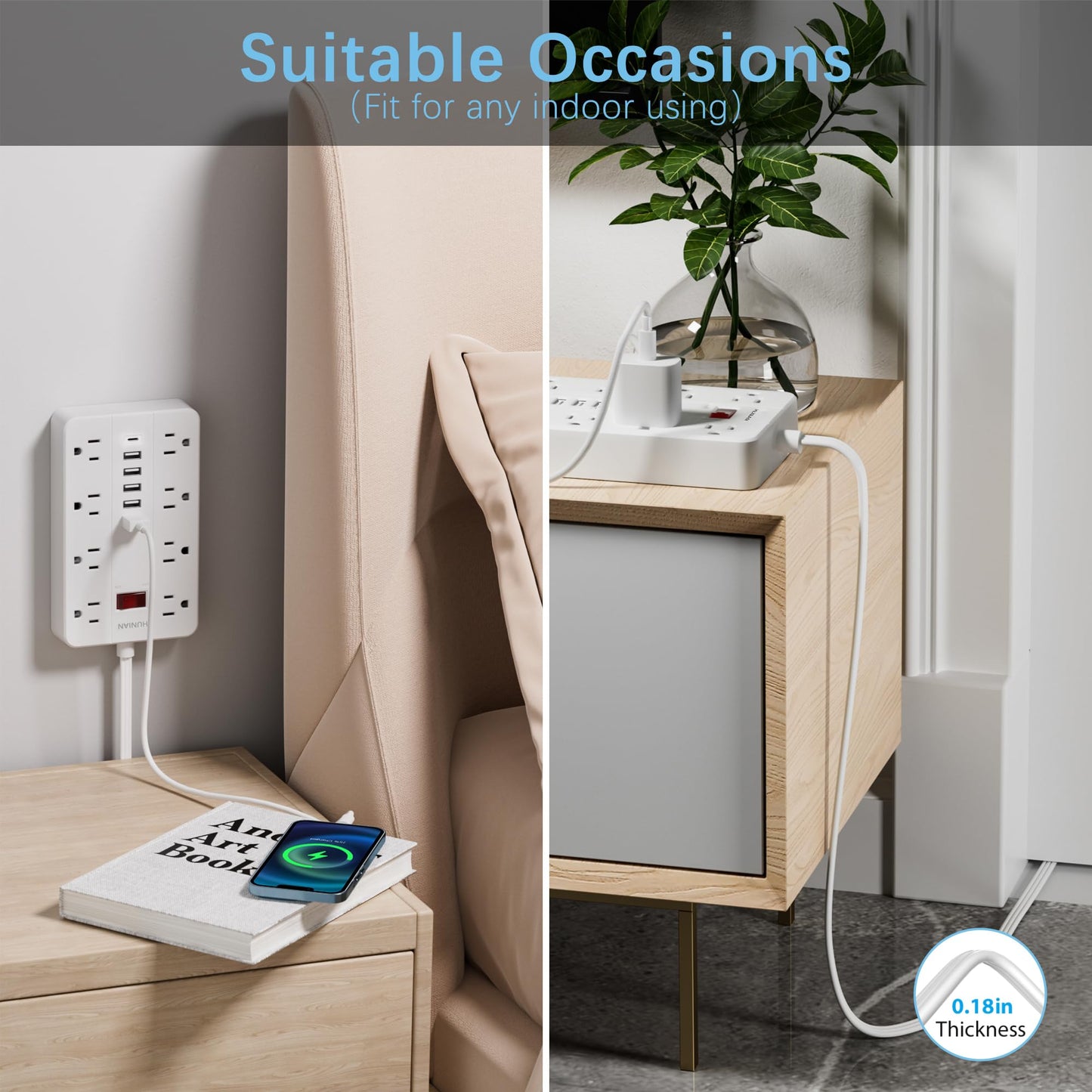 Power Strip with USB, Flat Plug Extension Cord with Multiple Outlets 5 Ft, HUNIAN Power Strip with 8 Widely Spaced Outlets 6 USB Charger (1 USB C Port), Desk Charging Station for Home Office, White