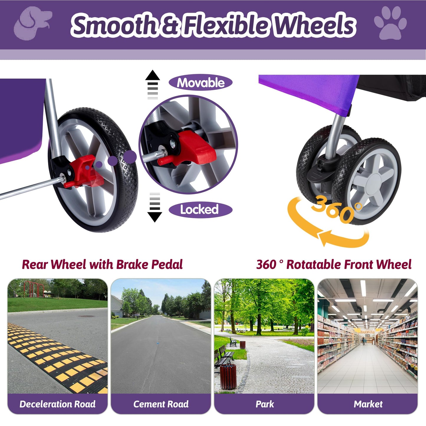 Azaeahom Pet Stroller, 4 Wheels Pet Strolling Cart for Medium/Small Dogs and Cats, Foldable Cat Jogger/Dog Stroller with Cup Holder, Storage Basket, Breathable Mesh, All-Season Pet Carrier, Purple