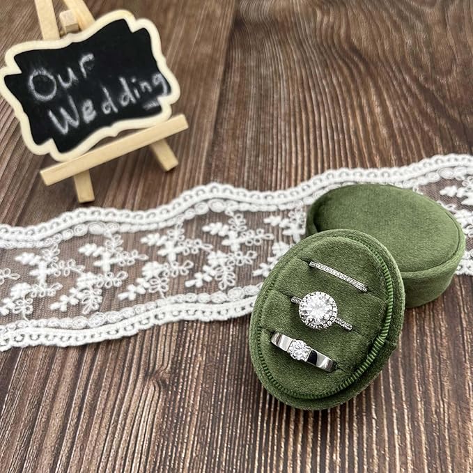Velvet Oval Ring Box 3 Slots - Premium Wedding Three Rings Box Vintage Handmade Storage Jewelry Organizer for Proposal, Engagement, Wedding Ceremony, Christmas (Olive Green)