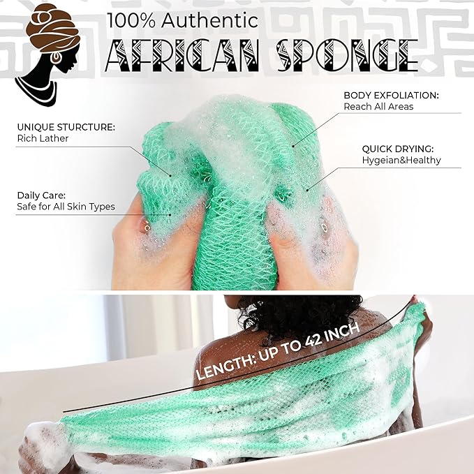 African Net Sponge Authentic -2 Pieces Exfoliating Scrubber for All Skin Types - Bath Washcloth Back Scrub for Shower - Body Exfoliator Sponge for Face & Body Care (Olive Green & Seawave)