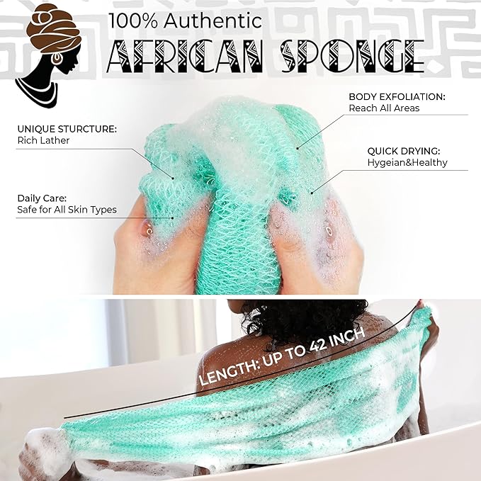African Net Sponge Authentic - 2 Pieces Exfoliating Body Scrubber Bath Sponge - Washcloth Back Scrub for Shower Body Exfoliator - Face & Skin Care Bathroom Essentials for Women