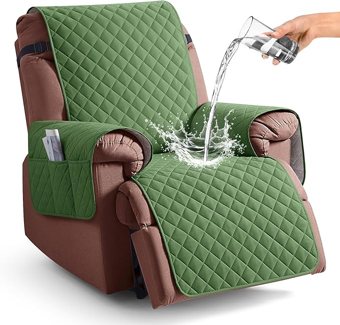 KinCam 100% Waterproof Recliner Chair Cover, Reclining Couch Covers for Pets, Dogs, Recliner Couch Slipcover Furniture Protector with Elastic Straps for Kids(28", Vine Green)