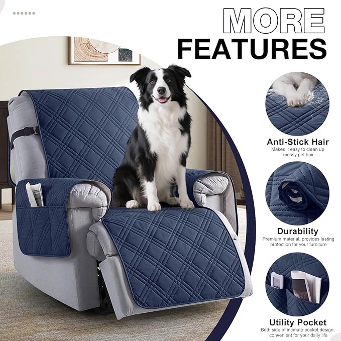 TAOCOCO 100% Waterproof Recliner Chair Covers, Non Slip Recliner Covers for Recliner Chair with Pocket, Washable Reclining Chair Cover Furniture Protector for Kids,Dogs(22'', Navy Blue)