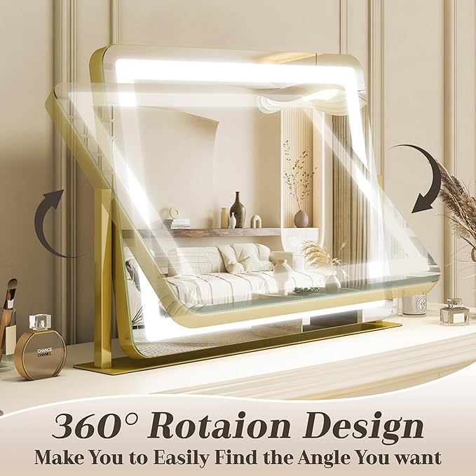 ROLOVE Gold Vanity Mirror with Lights - Smart Touch Dimming, 3-Color Lighting, 360° Rotatable Desktop Makeup Mirror for Desk, 22"x17"