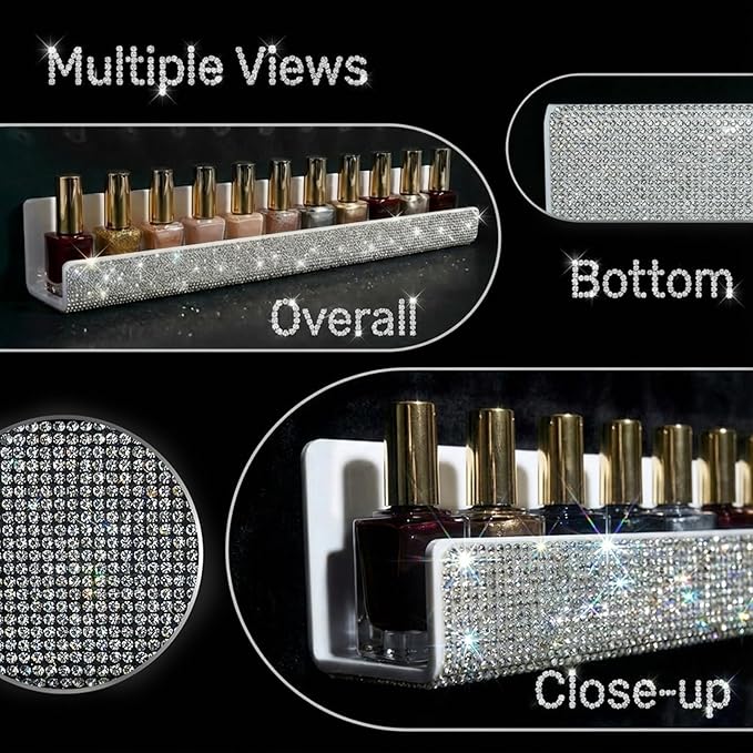 YMVV Nail Polish Wall Shelf - 15-Inch Diamond Crystal Display & Organizer Rack, Holds 60+ Polishes, Soft Ledge for Bedroom, Bathroom, Salon,6 Pack
