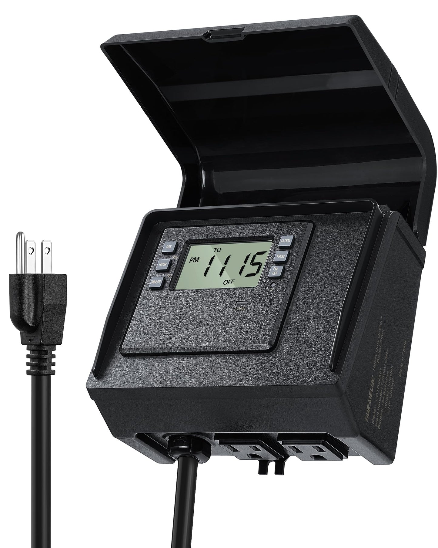 SURAIELEC Digital Pool Timer for Above Ground Pools, NEMA 5-15R Plug-in Timer with Dual Outlets, 15A 125V 1HP, Programmable 7-Day Schedule, Weatherproof Cover, for Pool Pumps, Lights and Salt Systems