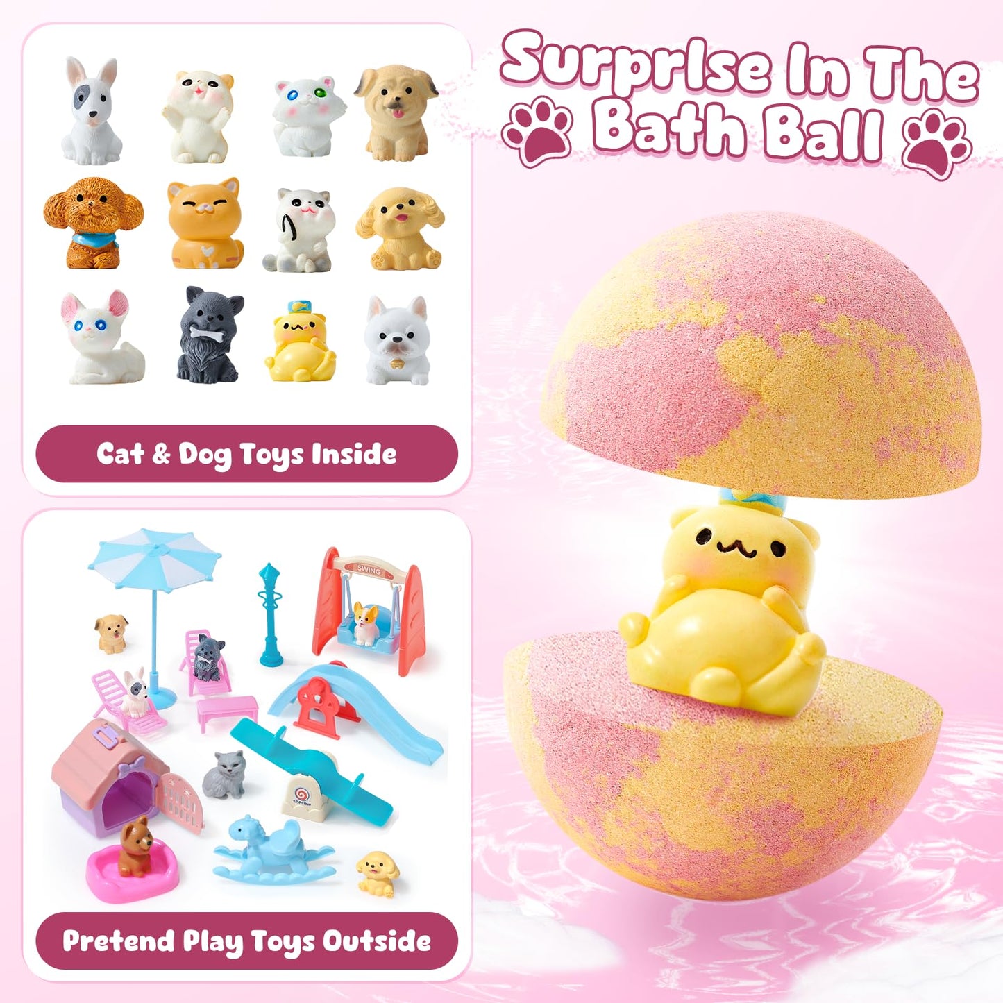 Toylink Bath Bombs for Kids with Surprise Inside for Girls Boys, 12 Pack Kids Bath Bombs with Dog & Cat Toys Pretend Playset Handmade Bubble Bath Fizzies Birthday Christmas Gift Set