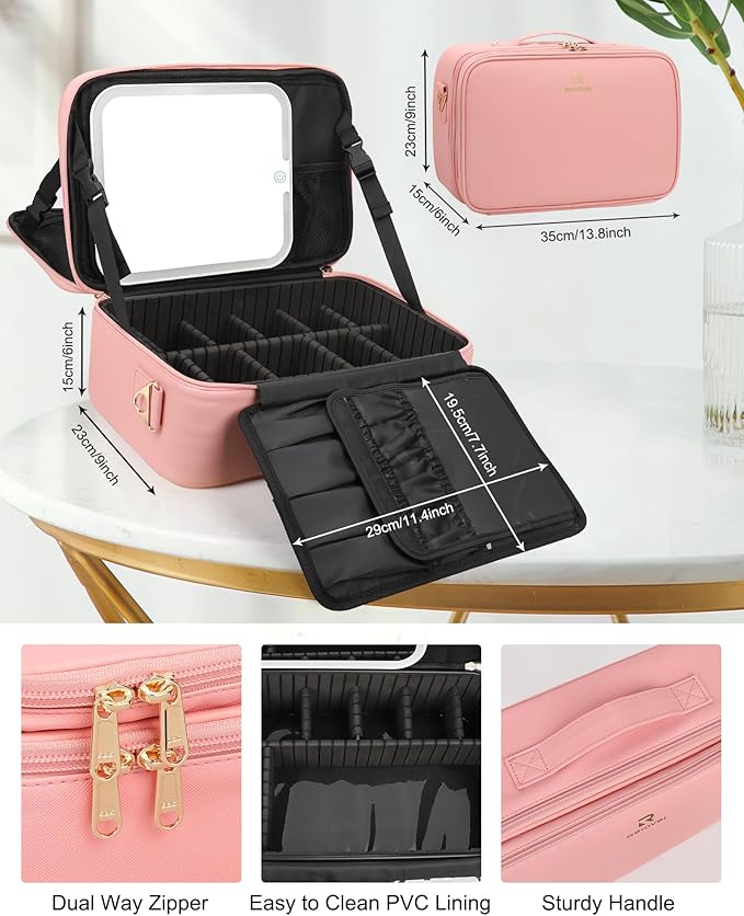 Chomeiu Makeup Bag with LED Mirror, Large Travel Cosmetic Train Case for Women, Makeup Artists Large Organizer Box with Vanity Light Up Mirror, 3 Color Lights, Adjustable Dividers (Pink)