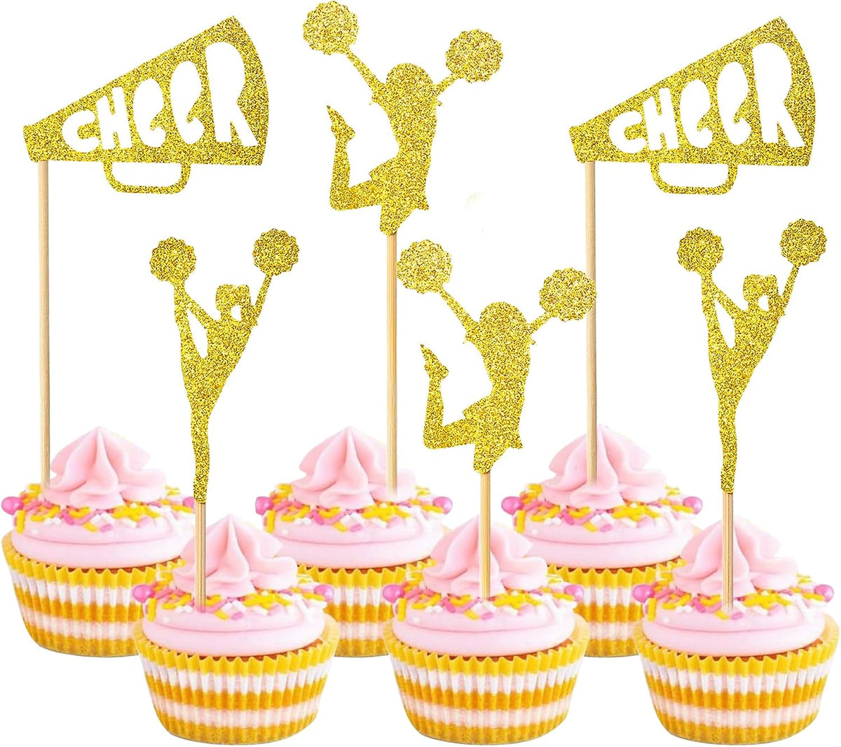 12 Pcs Cheerleader Cupcake Toppers – Gold Glitter Cheerleading Gymnastics Cupcake Decorations for Cheer Team, Gymnast Girl, or Girls Birthday Party Cake Decorations