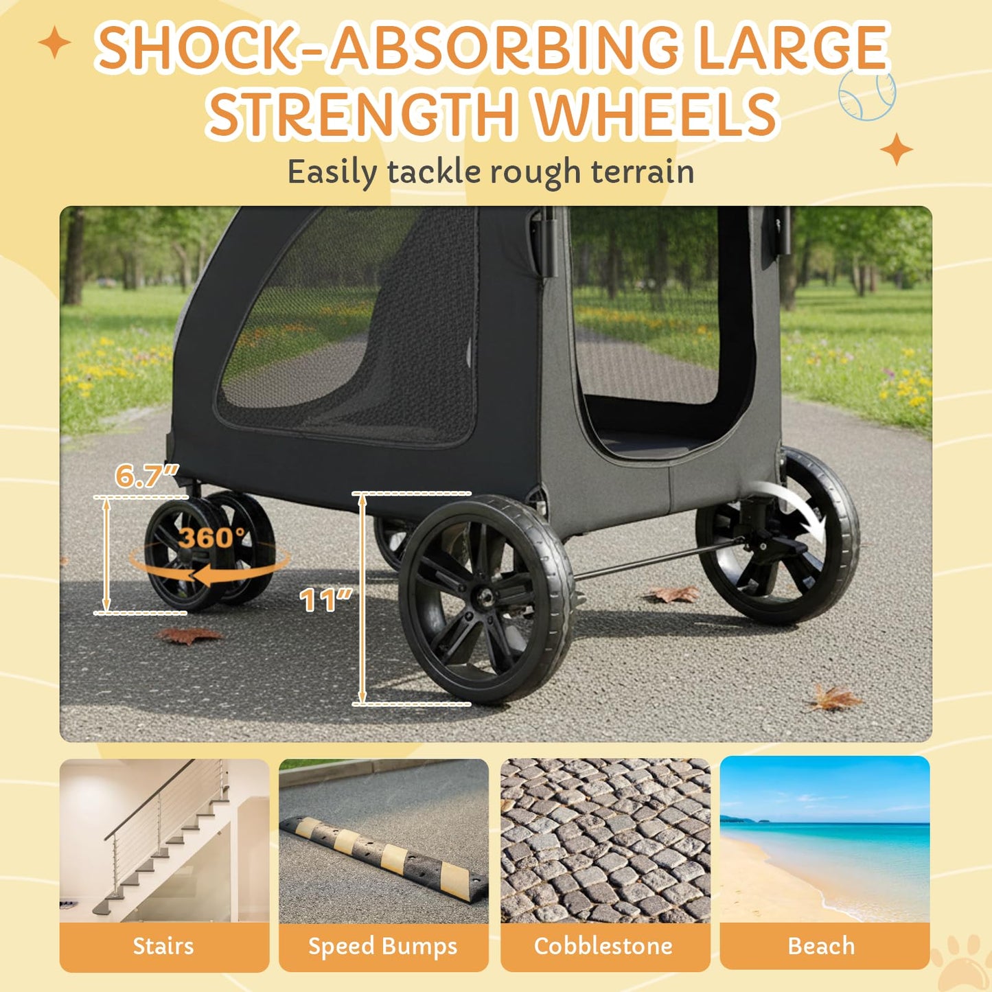 Danrelax Large Pet Stroller for Large & Medium Dogs, 77 lb Capacity, 12" All-Terrain Shock Absorbing Wheels, Waterproof 600D Grey Linen, Heavy-Duty Extra Large Pet Pram, Foldable Travel Stroller