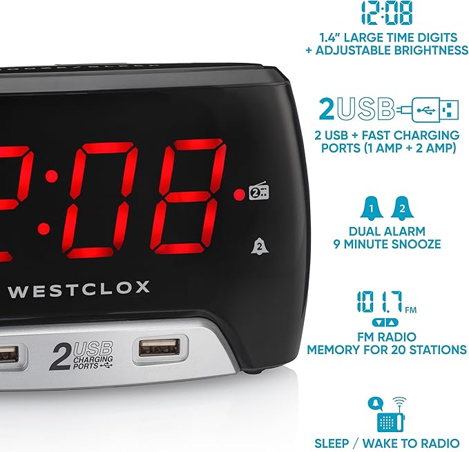 Westclox Large 1.4” Red LED Digital FM Clock Radio with Dual USB A & C Charging Ports, Adjustable Brightness, Dual Alarms & Sleep Timer – Modern Alarm Clock for Bedroom, Home, or Office (Black)