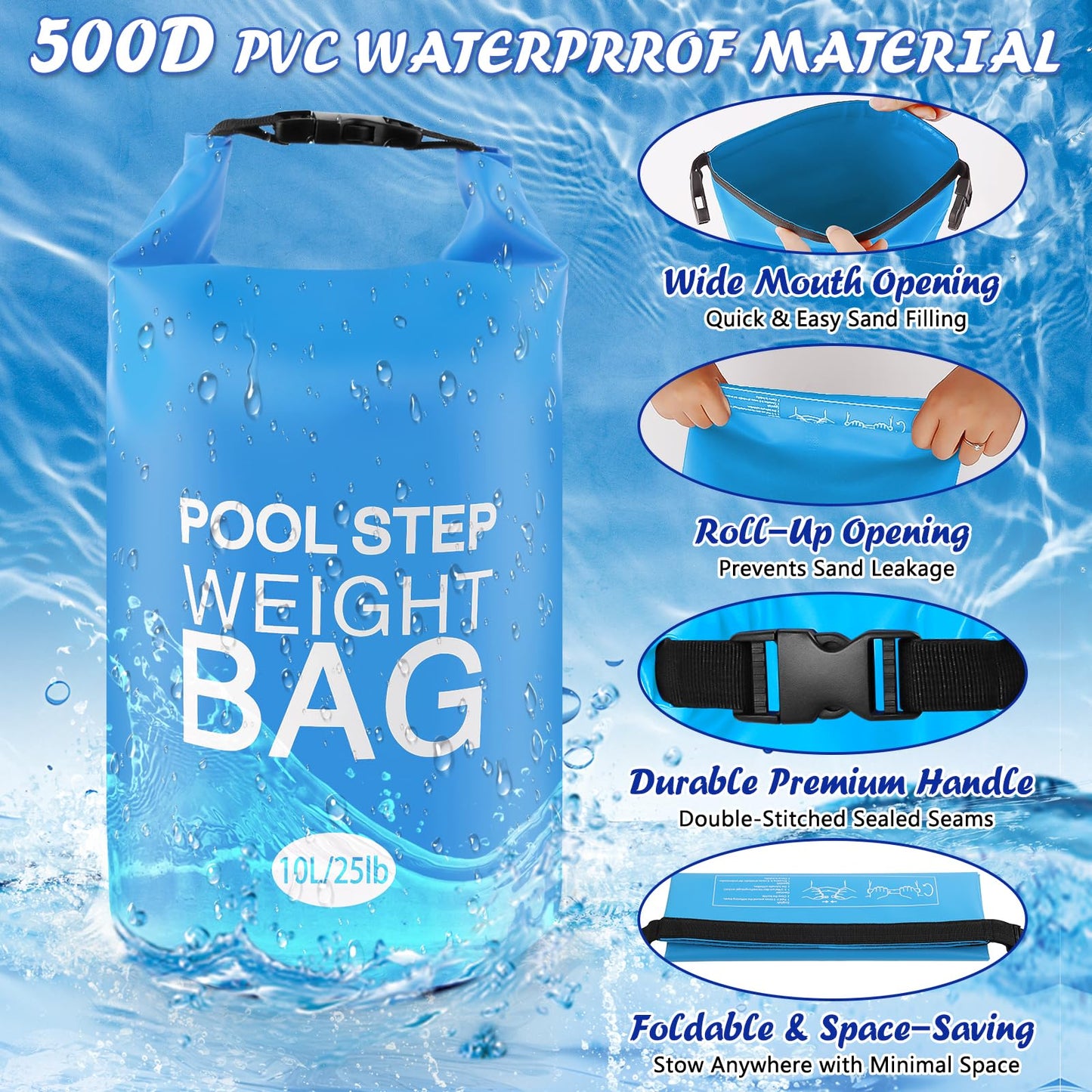 2 Pack 10L/25lb Universal Pool Step Weights 250D PVC Waterproof Swimming Pool Ladder Weights No Breaken Above Ground Pool Ladder Sand Bags, Foldable Pool Stair Weights for Pool Steps (Sky Blue)