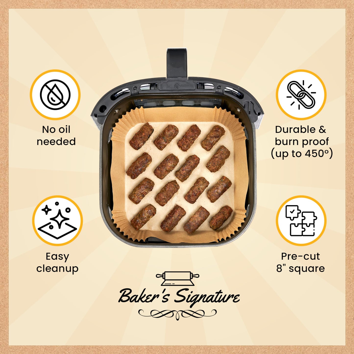 250 pcs Air Fryer Liners, Disposable Airfryer Paper Liners – Non-Stick and Oil Proof for Easy Cleanup, Great for Oven, Pans & Baking – 8” Square for 5-8 qt Basket by Baker's Signature