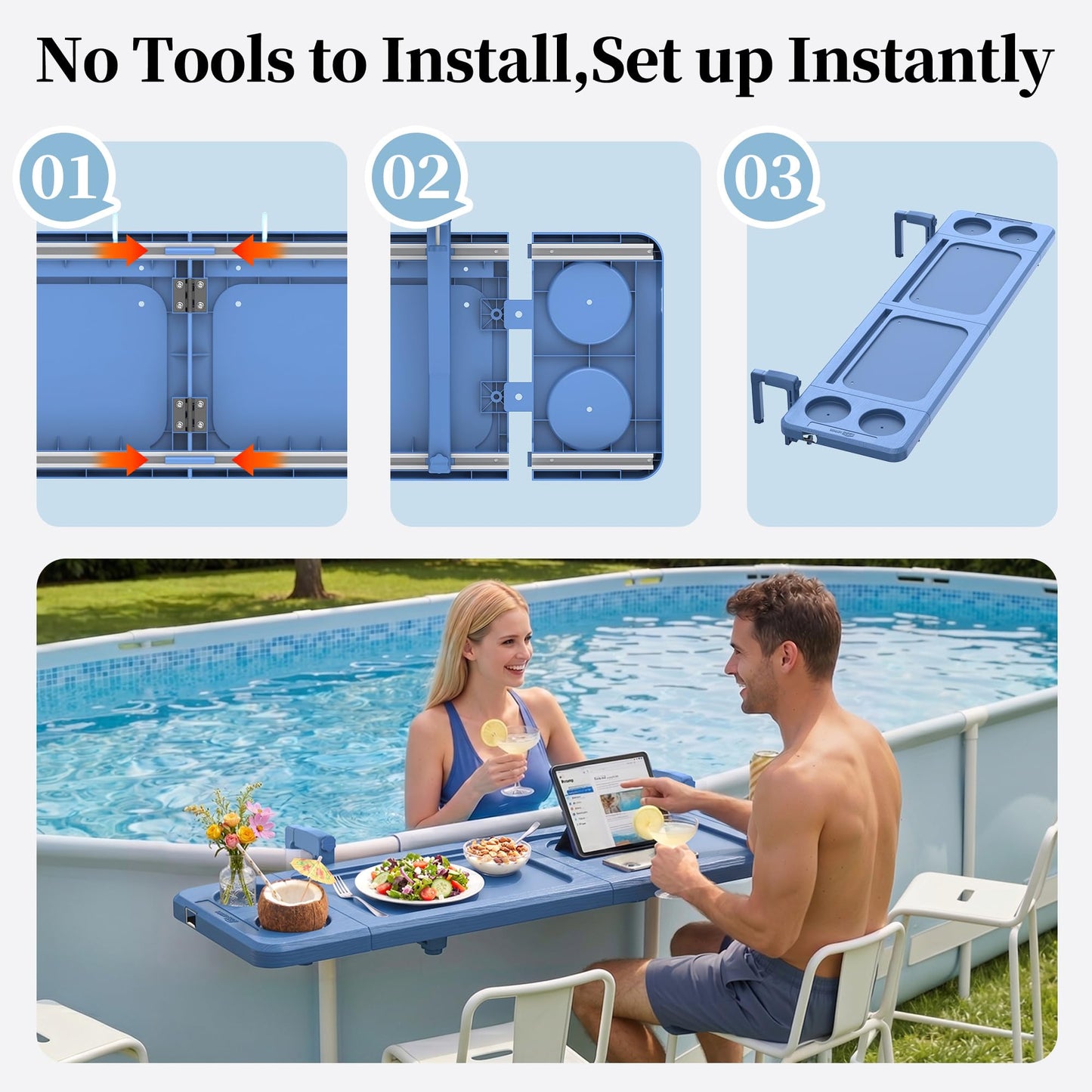 Poolside Bar, 44"×12" Poolside Bar Table with Adjustable Support Bracket Fits Above-ground Pools, Swim Up Bars Capacity Up to 110lbs, Patio Poolside Table Smart Fold ＆Weather Resistant Stable Tabletop