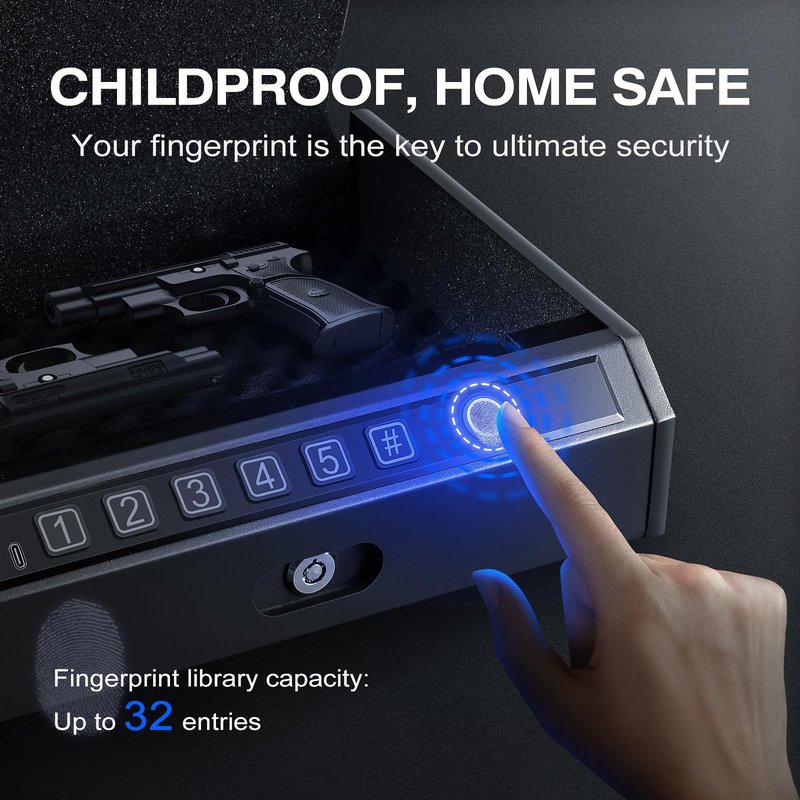 ADIMO Gun Safe, Biometric Gun Safe for Handgun, Pistol Safe, 3 Ways Quick-Access with Fingerprint, Lock or keypad, Handgun Safe for Cloakroom living room Bedroom Nightstand Drawer Bedside and Car
