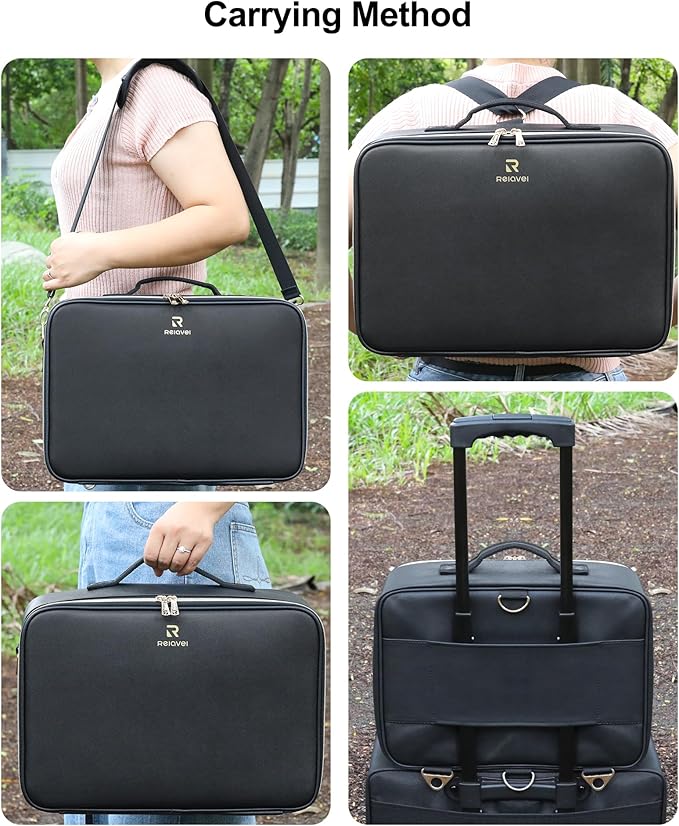 Relavel Large Makeup Case With LED Mirror, 16.2" Cosmetic Vanity Case with 3 Lignting Modes and Adjustable Brigntness, Professional Travel Make Up Organizer for Makeup Artist with Strap, Black